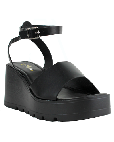 The black "Forever" 3 1/2" Platform Foam Ankle Strap Wedge Sandals are pictured here.