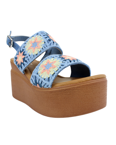 The blue "Forever" 3 1/2" Woven Floral Crochet Strappy Platform Sandals are pictured here.