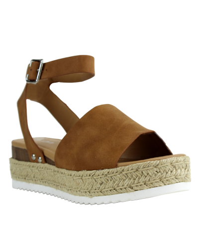 The brown "Soda" 2" Platform Suede Ankle Strap Espadrille Sandals are pictured here.