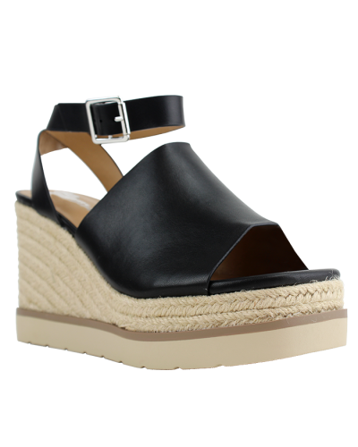 The black "Soda" 4" Pleather Ankle Strap Espadrille Sandals are pictured here.