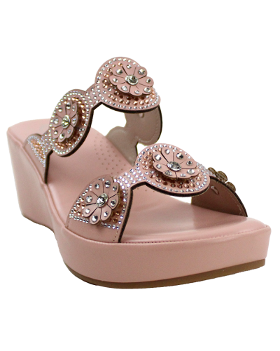 The pink "Atalina" 3" Slide 2-Circle Floral Rhinestone Wedge Sandals are pictured here. 
