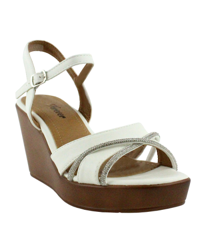 "Forever" 3 1/2" Wood-Like X-Rhinestone Front Ankle Strap Wedges