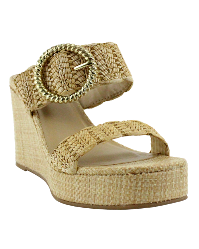 The natural-colored "Soda" 3 1/2" Raffia 2-Strap Slide Wedges are pictured here.
