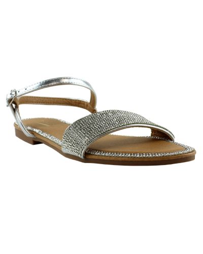 "Glaze" Flat Rhinestone Ankle Strap Flat Sandals