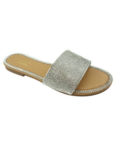 The silver "Glaze" Rhinestone Flat Slide Sandals are pictured here.