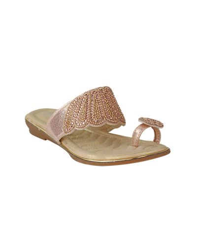 The champagne-colored “Verano Rio” Faux Leather Rhinestone Toe Loop Sandals are pictured here.