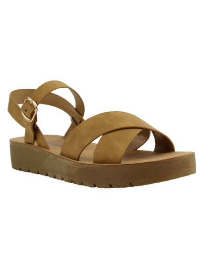The natural-colored "Soda" 1" Comfort X Strap Ankle Strap Flat Sandals are pictured here.