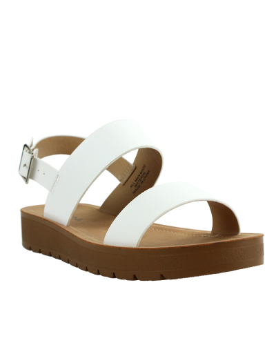 The white "Soda" 1" Comfort Pleather Sling Black Strappy Flat Sandals are pictured here.