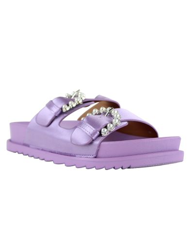 “Weeboo” Two Buckle Pearl Embellished Sawtooth Sole Slide Sandals