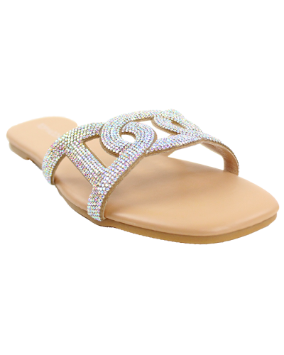 The black "Top" Rhinestone Flat Slide Sandals are pictured here.