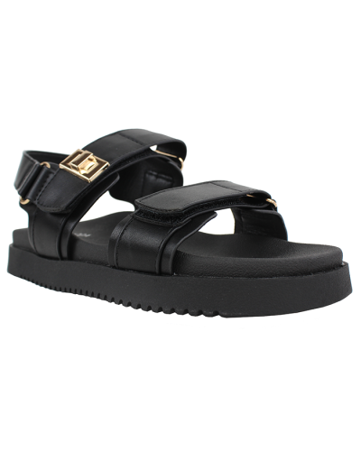 Three quarter view of “Top Moda” Soft Footbed Pleather Velcro Strappy Sandals with Gold Tone Details