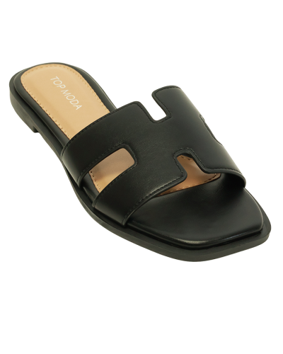 Three quarter view of Top Moda "H" Slide Sandals in black