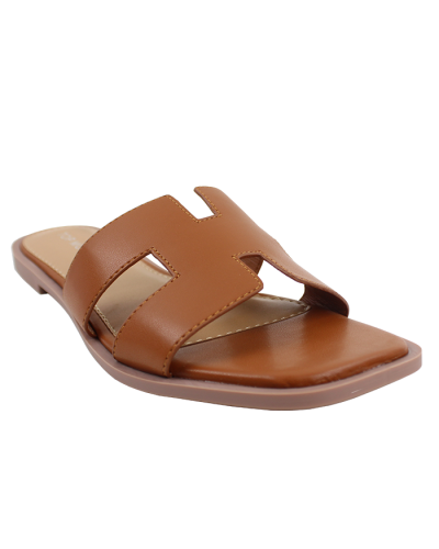 The camel-colored "Top" Flat "H" Slide Sandals are pictured here.