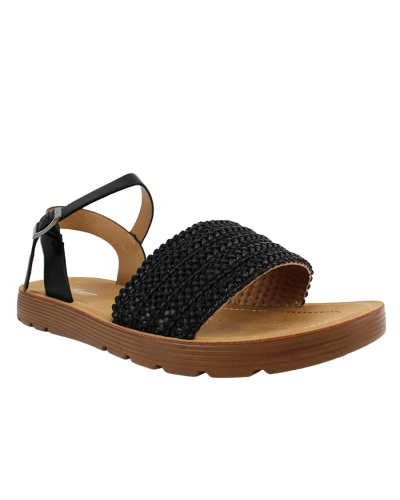 Three quarter view of “Forever” Woven Strap Buckle Sandals 
