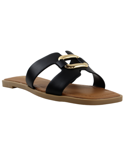 The black "Soda" Flat "H" Gold Oval Hardware Sandals are pictured here.