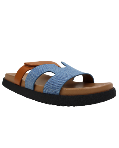 The denim and brown "Soda" H-Strap & Velcro Strap Flat Sandals are pictured here.