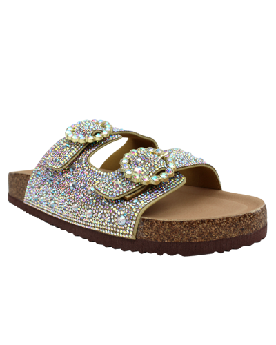 "Forever" Cork Sole Rhinestone Circle Double Buckle Flat Sandals