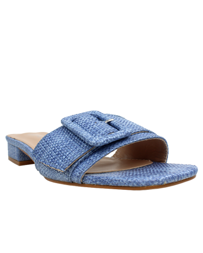The denim "Unilady" 1" Textured Buckle Heeled Mule Sandals are pictured here.