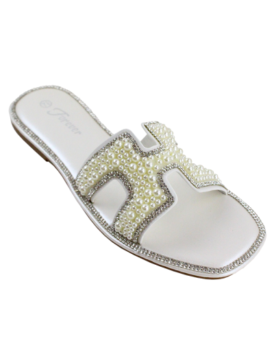 "Forever" Rhinestone Pearls "H" Flat Slide Sandals