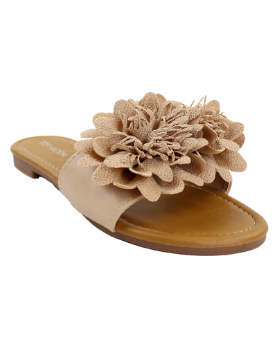 "Top" Big Flower Embellished Slide Flat Sandals