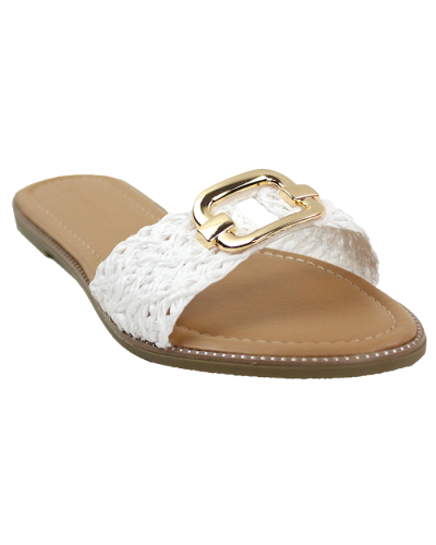 "Wild" Flat Raffia Gold Square Metal Hardware Slide Sandals