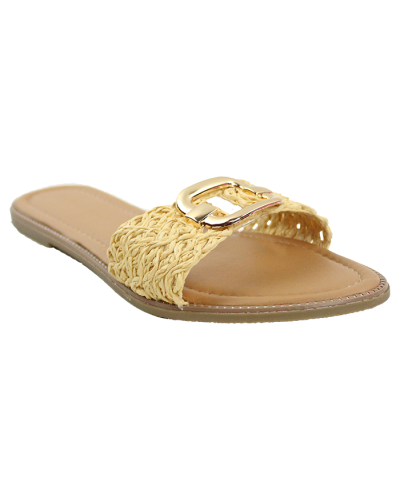 The ivory "Wild" Flat Raffia Gold Hardware Slide Flat Sandals are pictured here.