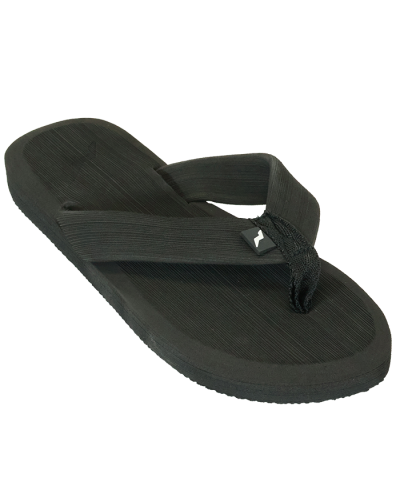 Three Quarter View of Black Thong Sandals With Thick Soles 

