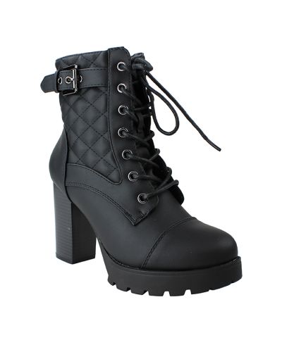 The black "Forever" 4" Heeled Quilt Block Buckle Lace Up Booties are pictured here.