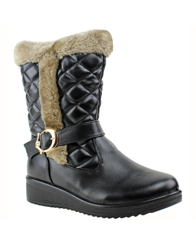 Pictured here are the black "Lucita" Quilted Pleather Faux Fur Lined Buckle Boots.