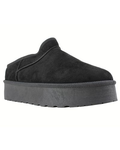 The black "Forever" 1 1/2" Solid Platform Faux Suede Clogs are pictured here.