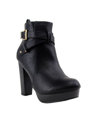 The black "Top Guy" 4" Buckle Heeled Booties are pictured here.