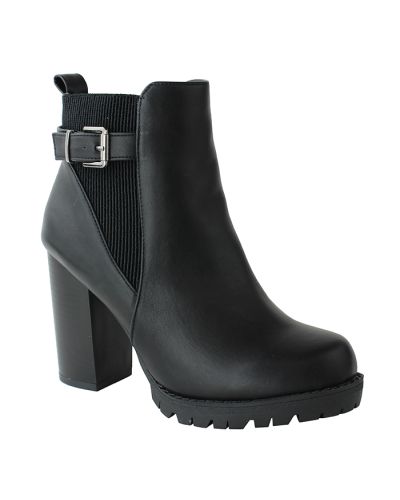 The black "Top" 3" Lug Pleather Buckle Elastic Booties are pictured here.