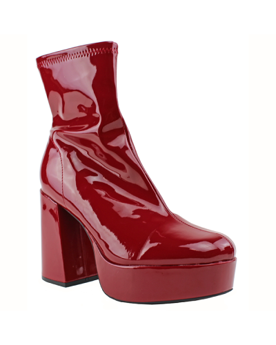 Pictured here are the ruby "Soda" 4" Platform Patent Pleather Heeled Booties.