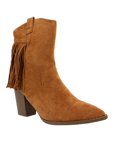 Three quarter view of “Top Moda” 3 ½” Stack Heel Western Fringe Faux Suede Cowboy Booties