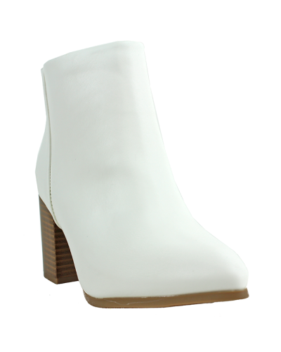 The white "Top" 3" Pleather Stacked Heeled Booties are pictured here.