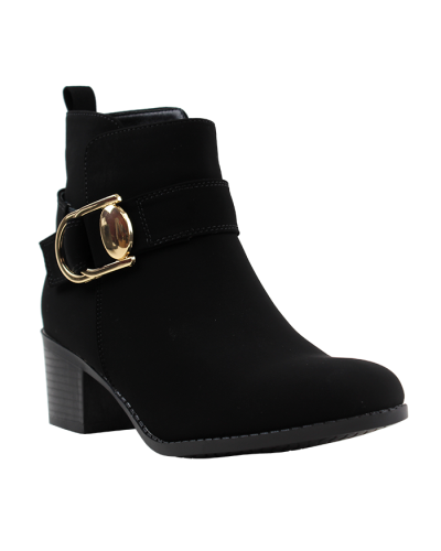 The black "Forever" 1.5" Stack Heel Faux Suede Gold Buckle Booties are pictured here.