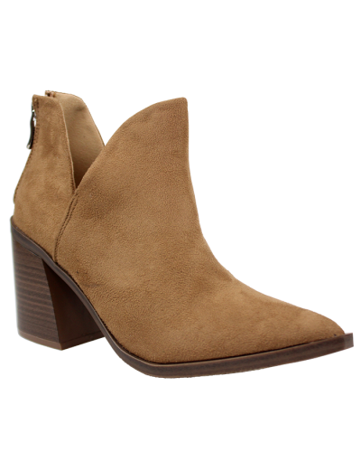 The camel-colored "Forever" Stack 3" Double V-Cut Suede Heeled Booties are pictured here.