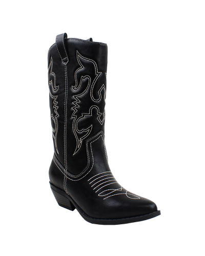 The black-white stitched "Fortune" Embroidered Pointed Toe 1 ½” Heel Cowboy Boots are pictured here.