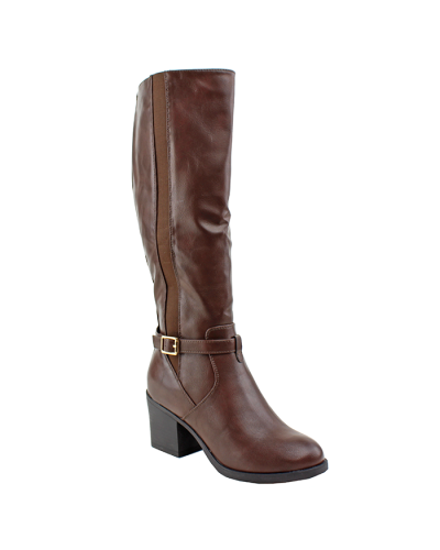 Pictured here are the brown "Top" 3" Stack Pleather Buckle Heeled Riding Boots.