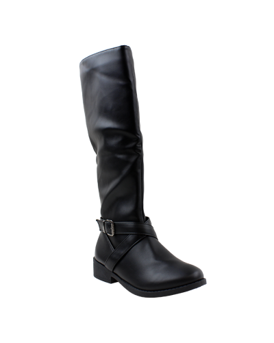 The black "Forever" 1.5” Pleather Buckle Round Toe Knee-High Boots are pictured here.