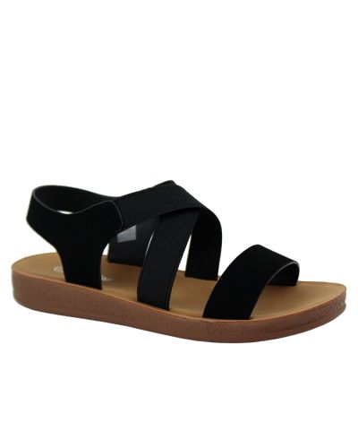 The black "Lucky" Comfort Elastic X-Strap Flat Sandals are pictured here.