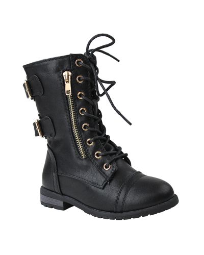 Girl’s “Forever Link” Lug Sole Zip and Lace Buckle Cap Toe Combat Boot