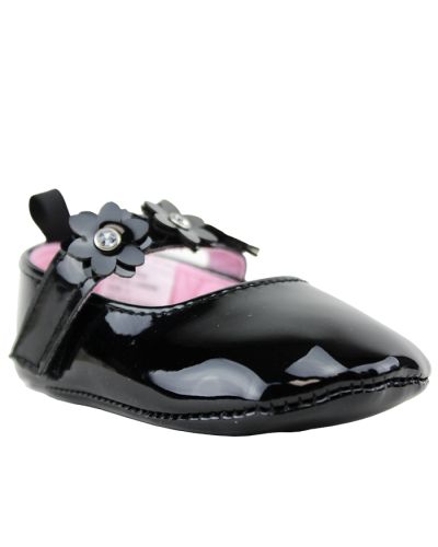 The "Josmo" Black Patent Pleather Floral Ballet Flats are pictured here.