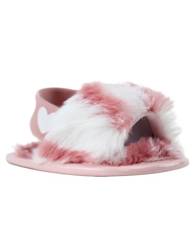 The "First" Pink & White Faux Fur Heart Elastic Strap Sandals are pictured here.
