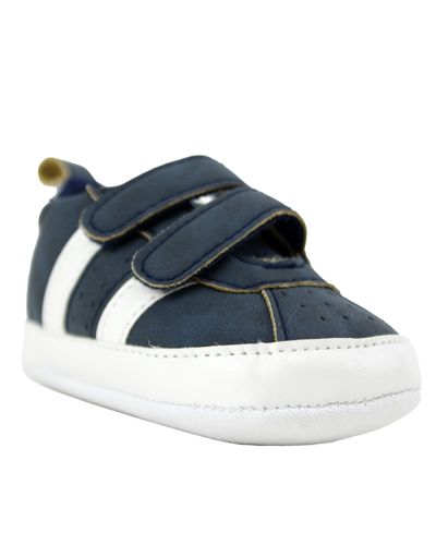 The toddler boy "First" Navy & White Double Velcro Slip-on Sneakers are pictured here.