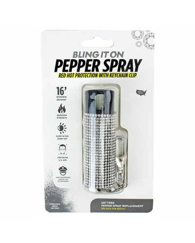 The silver "Skyline" Rhinestone Embellished Pepper Spray is pictured here.