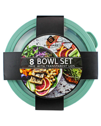 The sage "Gourmet Home" Sage 8-Piece Bowl Set is pictured here.