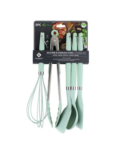 "Gourmet Home" Sage 5-Piece Silicone & Stainless-Steel Utensils