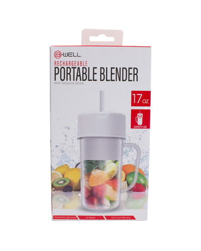 The white "By-Tech" 17 oz Rechargeable Portable Blender with Straw is pictured here.