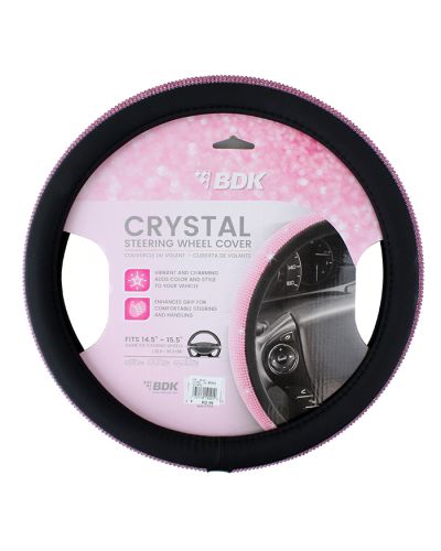 The "BDK" 15" Pink Crystal Steering Wheel Cover is pictured here.